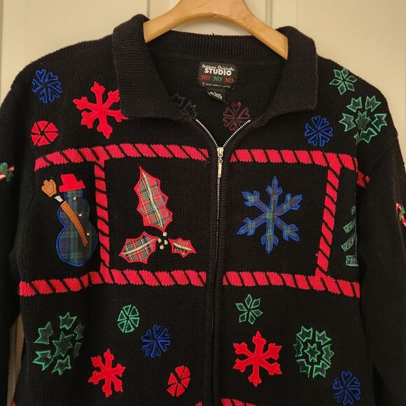 Vintage Ugly Christmas Sweater Cardigan Embroidered Teddy Bears Winter Cute - Picture 4 of 9